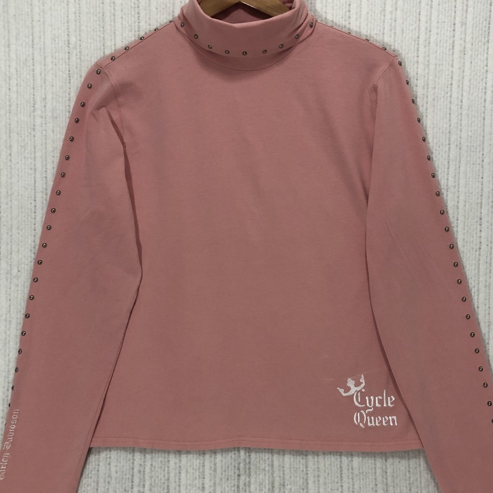 Harley Davidson Cycle Queen Pink Studded Mock Neck Long Sleeve Top Large